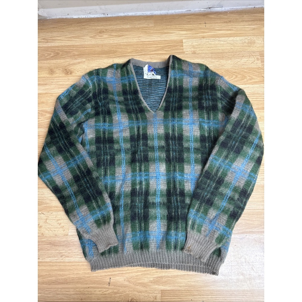 Vintage 60s Jersild V Neck Wool/Mohairplaid Sweater Men's Size Small